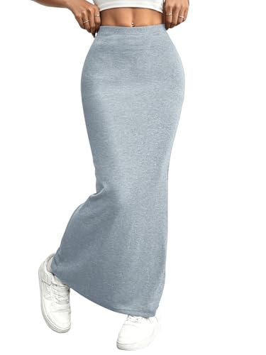 GORGLITTER Damen Maxirock Rockabilly Vintage Lange Röcke Enger Freizeitrock Hohe Taille Partyrock Hellgrau M von GORGLITTER