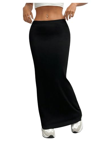 GORGLITTER Damen Maxirock Rockabilly Vintage Lange Röcke Enger Freizeitrock Hohe Taille Partyrock Schwarz L von GORGLITTER