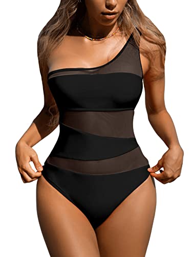 GORGLITTER Damen Mesh Badeanzug One Shoulder One Piece Swimwear Bügellos Einteilige Bademode mit Kontrast Netzstoff Schwarz L von GORGLITTER