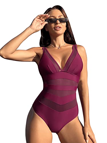 GORGLITTER Damen Mesh Badeanzug V-Ausschnitt One Piece Swimwear Träger Einteilige Bademode mit Kontrast Netzstoff Maroon M von GORGLITTER