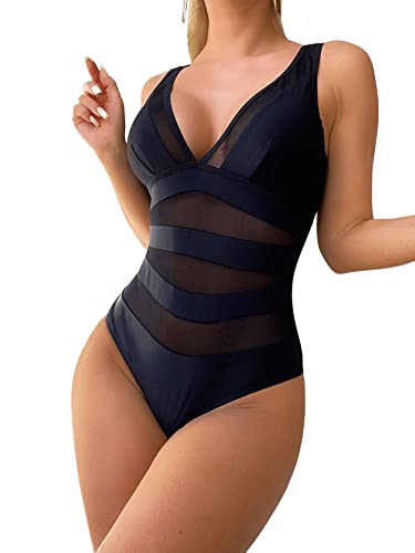 GORGLITTER Damen Mesh Badeanzug V-Ausschnitt One Piece Swimwear Träger Einteilige Bademode mit Kontrast Netzstoff Schwarz M von GORGLITTER