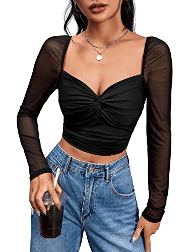 GORGLITTER Damen Mesh Bauchfrei Oberteil Crop Top Herzausschnitt Tops Cropped Langarmshirt mit Twist vorne Schwarz M von GORGLITTER