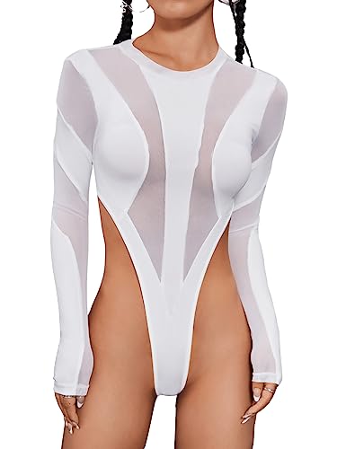GORGLITTER Damen Mesh Bodysuits Langarm Stretchy Bodies Transparenter Netz Bodys Cut Outs Hohe Taile Body Weiß XS von GORGLITTER