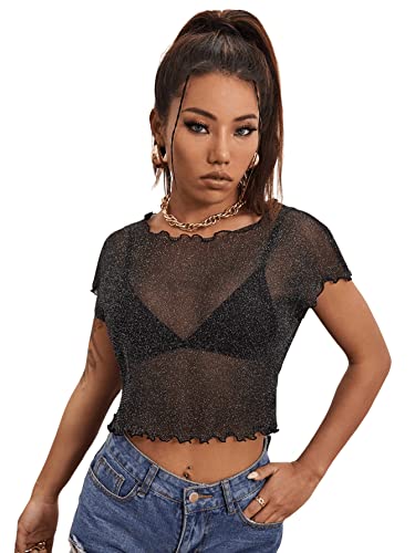 GORGLITTER Damen Mesh Crop Top Rundhals Bauchfrei Oberteil Durchsichtige Tops mit Wellensaum Schwarz L von GORGLITTER