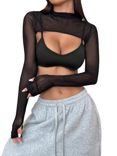 GORGLITTER Damen Mesh Crop Tops Langarm Netz Oberteil Y2k Shrug Top Stehkragen Freizeitshirt Transparentes Langarmshirt Club Outfits Basic T-Shirt Schwarz M von GORGLITTER