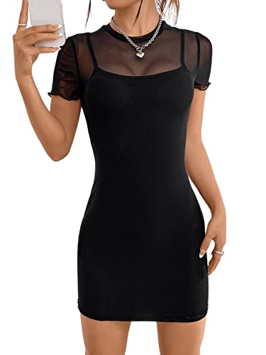 GORGLITTER Damen Mesh Mesh Figurbetontes Kleid mit Ärmelloses Kleid Bodycon Minikleid 2-teiler Freizeitkleider mit Wellensaum Schwarz S von GORGLITTER