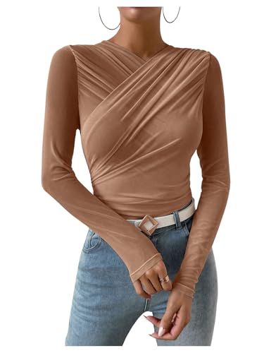 GORGLITTER Damen Mesh Oberteil Langarm T-Shirt Wrap Tops Mesh Ärmel Langarmshirt mit Wickel Design Braun S von GORGLITTER