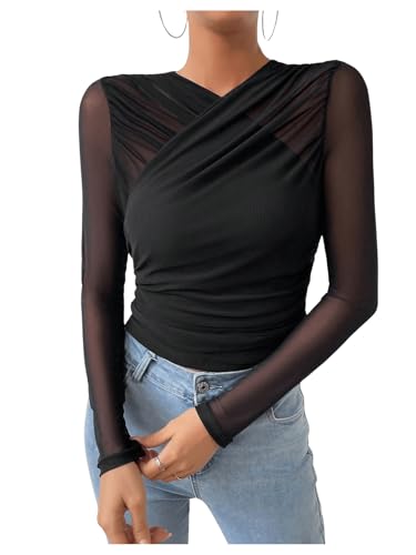 GORGLITTER Damen Mesh Oberteil Langarm T-Shirt Wrap Tops Mesh Ärmel Langarmshirt mit Wickel Design Schwarz M von GORGLITTER