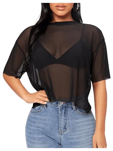 GORGLITTER Damen Mesh Oberteile Durchsichtig Netzstoff Tops Kurzarm T-Shirt Netz Sommershirt Transparent Tops für Outfit Party Schwarz L von GORGLITTER