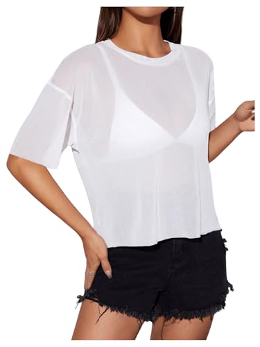 GORGLITTER Damen Mesh Oberteile Durchsichtig Netzstoff Tops Kurzarm T-Shirt Netz Sommershirt Transparent Tops für Outfit Party Weiß L von GORGLITTER