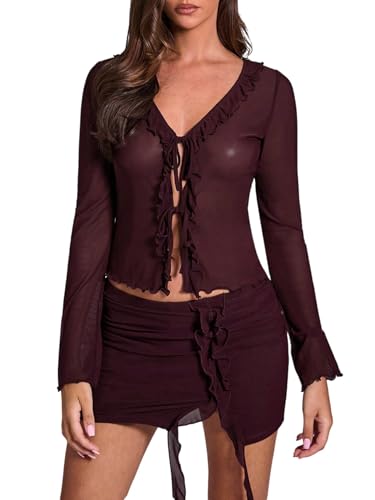 GORGLITTER Damen Mesh Oberteile Transparentes Langarmshirt mit V-Ausschnitt Durchsichtige Tshirt Langarm Bluse mit Knoten Vorn Netz Oberteil Bordeaux L von GORGLITTER