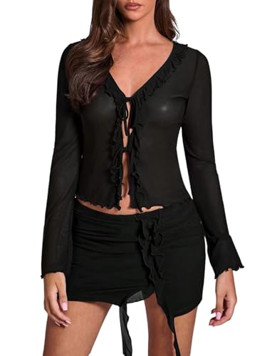 GORGLITTER Damen Mesh Oberteile Transparentes Langarmshirt mit V-Ausschnitt Durchsichtige Tshirt Langarm Bluse mit Knoten Vorn Netz Oberteil Schwarz M von GORGLITTER