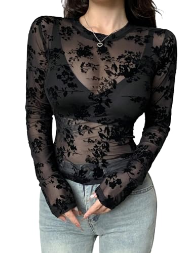 GORGLITTER Damen Mesh Top Elegant Durchsichtiges Crop Top Langarm Netz Oberteil Slim Fit Leichtes Spitzen Tops Rundhals Langarmshirt Rave Outfit Schwarz XL von GORGLITTER