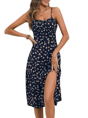 GORGLITTER Damen Midikleid Cami Sommerkleider Blumenmuster Kleider mit Schlitz Spaghettiträger Kleid Ärmellos Freizeitkleider Urlaubkleider Dunkelblau S von GORGLITTER