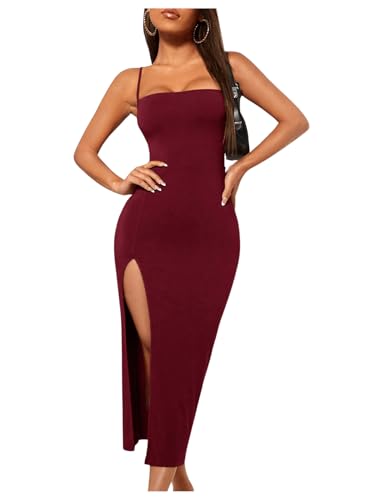 GORGLITTER Damen Midikleid Elegant Bodycon Kleid Rückenfrei Spaghettiträger Sommerkleider mit Schlitz Ärmellos Partykleid Bordeaux XXS von GORGLITTER
