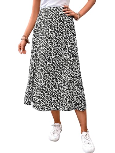 GORGLITTER Damen Midirock Blümchenmuster Röcke Strandrock Sommerrock mit Schlitz Hohe Taille Langer Rock Freizeitrock Casualrock Boho Midi Rock Schwarz M von GORGLITTER