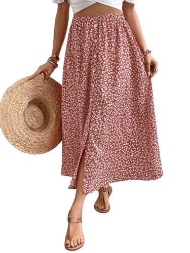 GORGLITTER Damen Midirock Böhmisch Sommerrock Blümchenmuster Röcke Ausgestellt Freizeitrock Urlaubrock Locker Midi Rock Grau-Rosa XS von GORGLITTER