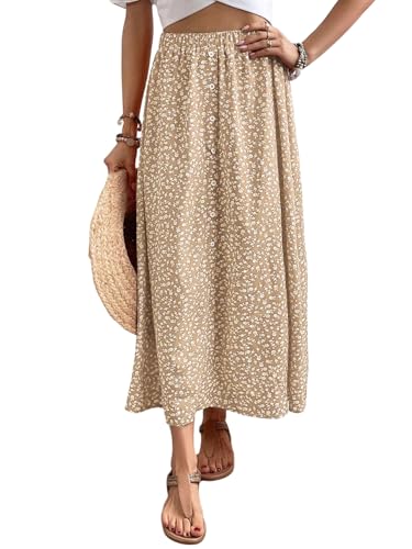 GORGLITTER Damen Midirock Böhmisch Sommerrock Blümchenmuster Röcke Ausgestellt Freizeitrock Urlaubrock Locker Midi Rock Khaki S von GORGLITTER