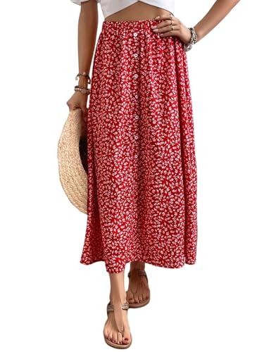 GORGLITTER Damen Midirock Böhmisch Sommerrock Blümchenmuster Röcke Ausgestellt Freizeitrock Urlaubrock Locker Midi Rock Rot XS von GORGLITTER