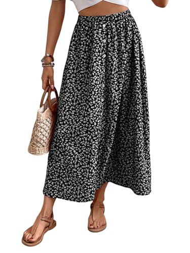 GORGLITTER Damen Midirock Böhmisch Sommerrock Blümchenmuster Röcke Ausgestellt Freizeitrock Urlaubrock Locker Midi Rock Schwarz M von GORGLITTER