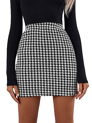 GORGLITTER Damen Mini Rock Hohe Taille Bleistiftrock Kurz Vintage Karierter Freizeitrock Figurbotent Businessrock Partyrock Herbst Outfit Schwarz und Weiß L von GORGLITTER