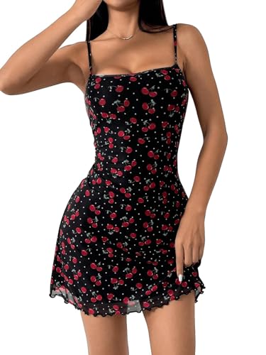 GORGLITTER Damen Minikleid Cami Kirschmuster Kleider Spaghettiträger Sommerkleider Ärmellos Kleid Träger Freizeitkleid Mesh Urlaubkleid Schwarz S von GORGLITTER