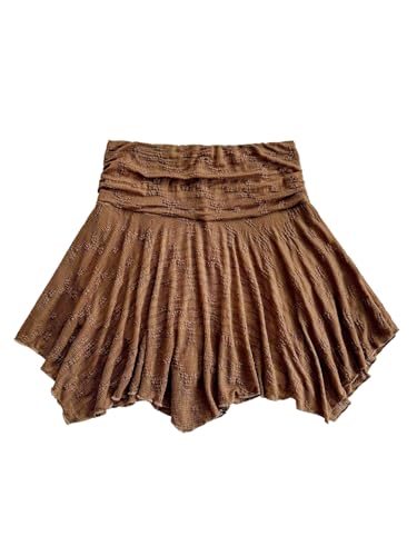 GORGLITTER Damen Minirock A Linie Rock Kurz Faltenrock Spitzen Röcke Elastische Taille Röcke Elegant Sommerrock Mit Rüschensaum Kaffeebraun S von GORGLITTER