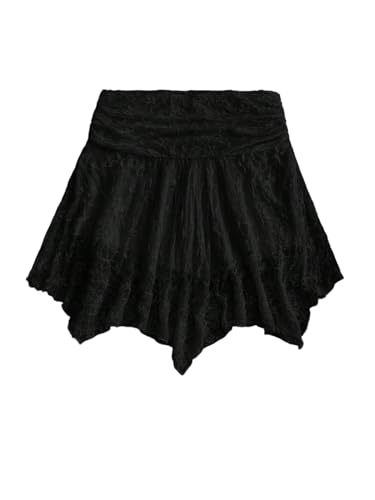 GORGLITTER Damen Minirock A Linie Rock Kurz Faltenrock Spitzen Röcke Elastische Taille Röcke Elegant Sommerrock Mit Rüschensaum Schwarz M von GORGLITTER