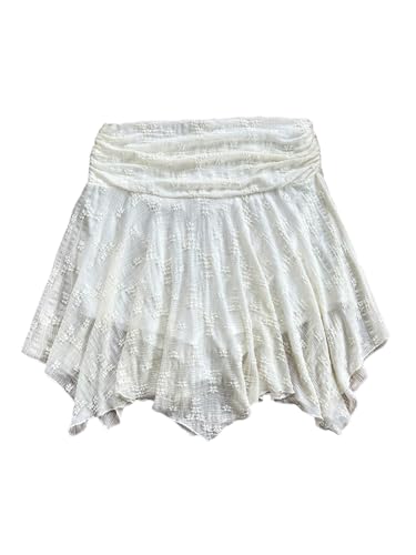 GORGLITTER Damen Minirock A Linie Rock Kurz Faltenrock Spitzen Röcke Elastische Taille Röcke Elegant Sommerrock Mit Rüschensaum Weiß S von GORGLITTER