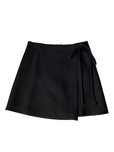GORGLITTER Damen Minirock Elegant Wickelrock mit Schnürung Casualrock mit Reißverschluss Hohe Taille Röcke A Linie Freizeitrock Kurz Schwarz XL von GORGLITTER