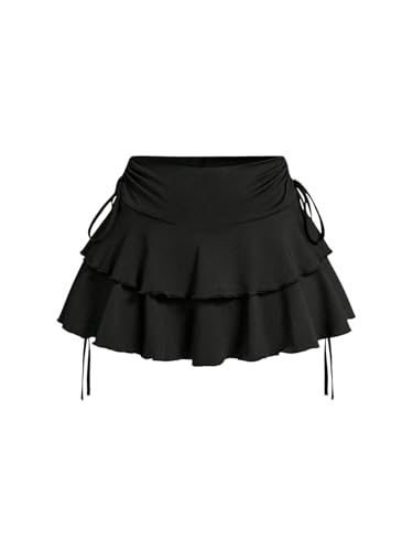 GORGLITTER Damen Minirock Kuchen Rock mit Rüschen Kurz Partyrock Hohe Taille Freizeitrock Mehrschichtiger Rock mit Tunnelzug Schwarz XS von GORGLITTER