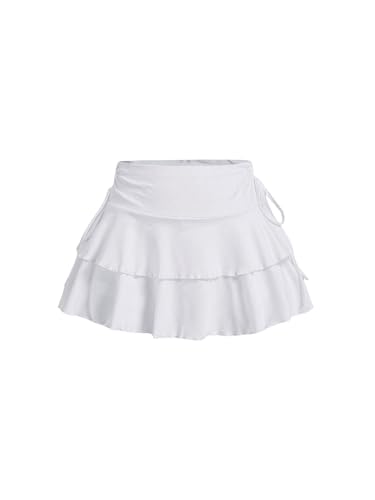GORGLITTER Damen Minirock Kuchen Rock mit Rüschen Kurz Partyrock Hohe Taille Freizeitrock Mehrschichtiger Rock mit Tunnelzug Weiß S von GORGLITTER