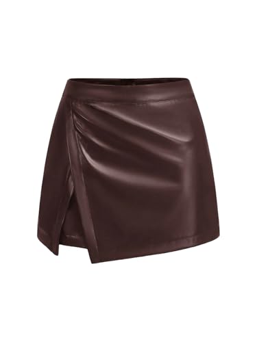 GORGLITTER Damen Minirock PU Leder Rock Hohe Taille Sommerrock Enger Hosenrock Kurz Wickelrock Asymmetrisch Lederrock mit Schlitz Partyrock Freizeitrock Kaffeebraun M von GORGLITTER