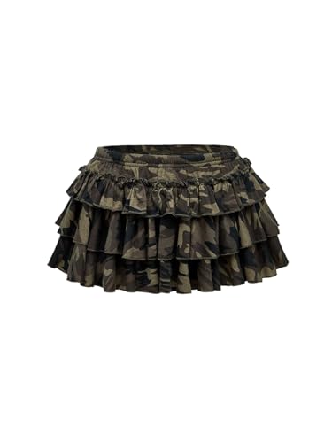 GORGLITTER Damen Minirock Y2K Hosenrock mit Camouflage Mehrlagige Kurzer Partyrock Elastische Taille Faltenrock mit Rüschensaum Festival Outfit Armeegrün L von GORGLITTER