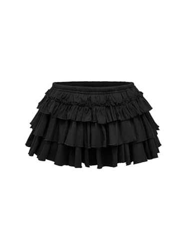 GORGLITTER Damen Minirock Y2K Hosenrock mit Camouflage Mehrlagige Kurzer Partyrock Elastische Taille Faltenrock mit Rüschensaum Festival Outfit Schwarz S von GORGLITTER