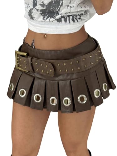 GORGLITTER Damen Minirock Y2K PU-Leder Plissierter Rock Niedrige Taille Faltenrock mit Nietengürtel Hosenrock Clubröcke Festival Outfit Braun M von GORGLITTER