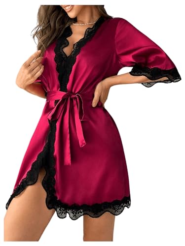 GORGLITTER Damen Morgenmantel Bademantel 3/4 Kimono Kurz Satin Robe mit Gürtel Nachthemd für Braut Nachtwäsche mit Blumenspitze Bordeaux XL von GORGLITTER