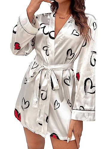 GORGLITTER Damen Morgenmantel Bademantel Satin Sexy Hausmantel Kimono Kurz Robe mit Gürtel Nachthemd für Braut Nachtwäsche mit Herzen Muster Weiß M von GORGLITTER