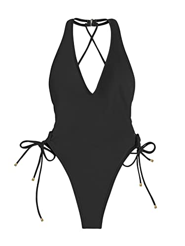 GORGLITTER Damen Neckholder Badeanzug One Piece Swimanzug Swimwear Bügellos Rückenfrei Einteilige Bademode mit Band Schwarz L von GORGLITTER