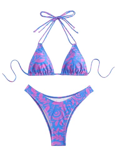 GORGLITTER Damen Neckholder Bikini Sets 2 Piece Swimsuits Zweiteiliges Bikini-Set Bademode Sommer Bikinitop und Tanga Swimwear Blau und Rosa XS von GORGLITTER