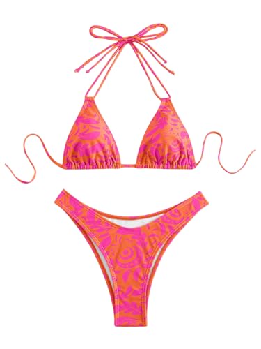 GORGLITTER Damen Neckholder Bikini Sets 2 Piece Swimsuits Zweiteiliges Bikini-Set Bademode Sommer Bikinitop und Tanga Swimwear Rosa L von GORGLITTER