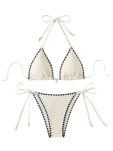 GORGLITTER Damen Neckholder Bikini Sets 2 Piece Swimsuits Zweiteiliges Bikini-Set Farbblock Bademode Triangel Bikinitop und Tanga Swimwear Schwimmanzug Beige M von GORGLITTER