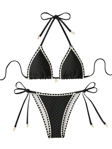 GORGLITTER Damen Neckholder Bikini Sets 2 Piece Swimsuits Zweiteiliges Bikini-Set Farbblock Bademode Triangel Bikinitop und Tanga Swimwear Schwimmanzug Schwarz M von GORGLITTER