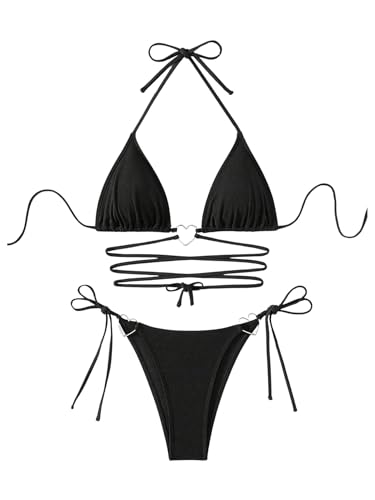 GORGLITTER Damen Neckholder Bikini Sets 2 Stück Swimsuits Zweiteiliges Bikini-Set Farbblock Bademode Triangel Bikinitop und Tanga Swimwear Schwimmanzug Schwarz M von GORGLITTER