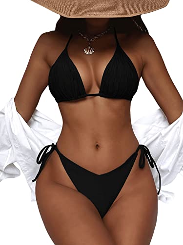 GORGLITTER Damen Neckholder Bikini Sets Triangle-Bikinioberteil High Waist Tangas Bademode Zweiteiliger Badeanzug mit Schleifen Knoten Schwarz L von GORGLITTER