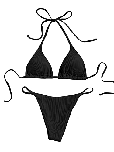 GORGLITTER Damen Neckholder Bikini Sets Triangle-Bikinioberteil High Waist Tangas Bademode Zweiteiliger Badeanzug mit Schnürung am Rücken Schwarz XS von GORGLITTER