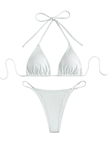 GORGLITTER Damen Neckholder Bikini Sets Triangle-Bikinioberteil High Waist Tangas Bademode Zweiteiliger Badeanzug mit Schnürung am Rücken Weiß S von GORGLITTER