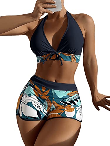 GORGLITTER Damen Neckholder Bikini Short Set Zweiteilliger Badeanzug Böhmisch Strandmode Swimmsuit mit Blatt Muster Blau L von GORGLITTER