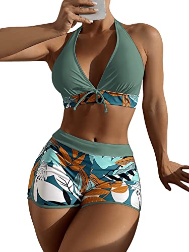 GORGLITTER Damen Neckholder Bikini Short Set Zweiteilliger Badeanzug Böhmisch Strandmode Swimmsuit mit Blatt Muster Grün L von GORGLITTER