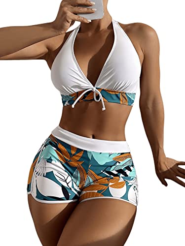 GORGLITTER Damen Neckholder Bikini Short Set Zweiteilliger Badeanzug Böhmisch Strandmode Swimmsuit mit Blatt Muster Weiß S von GORGLITTER